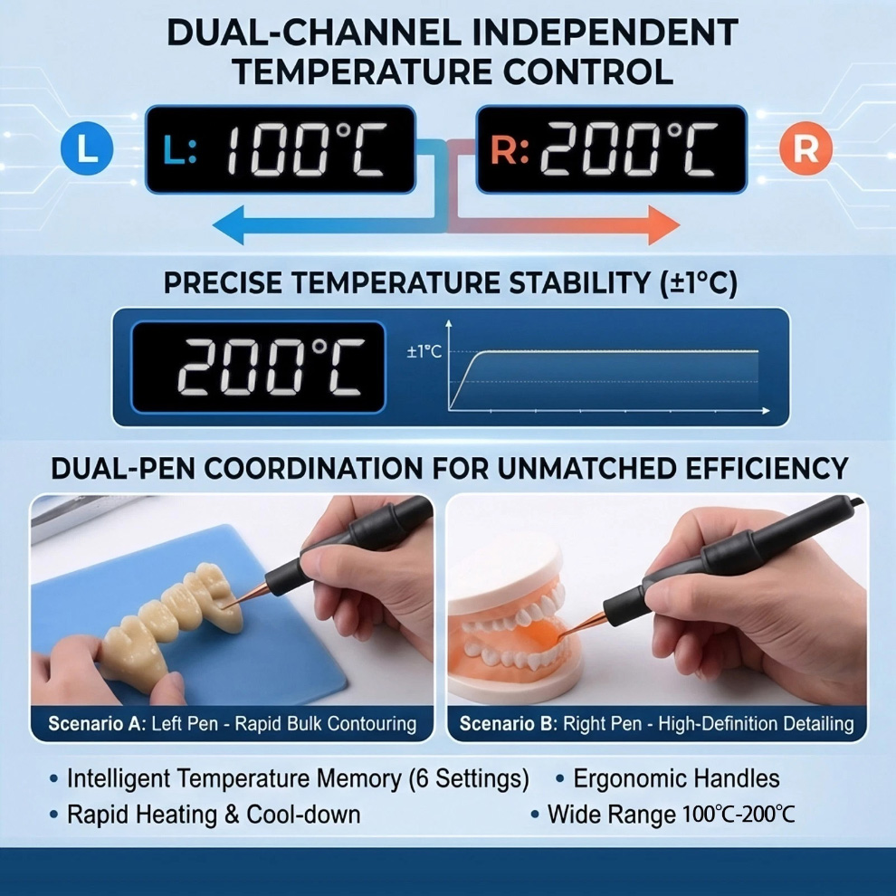 Dental Electric Wax Carver Dual Pen 100-200&deg;C Digital Wax Carving Unit with 6 Tips